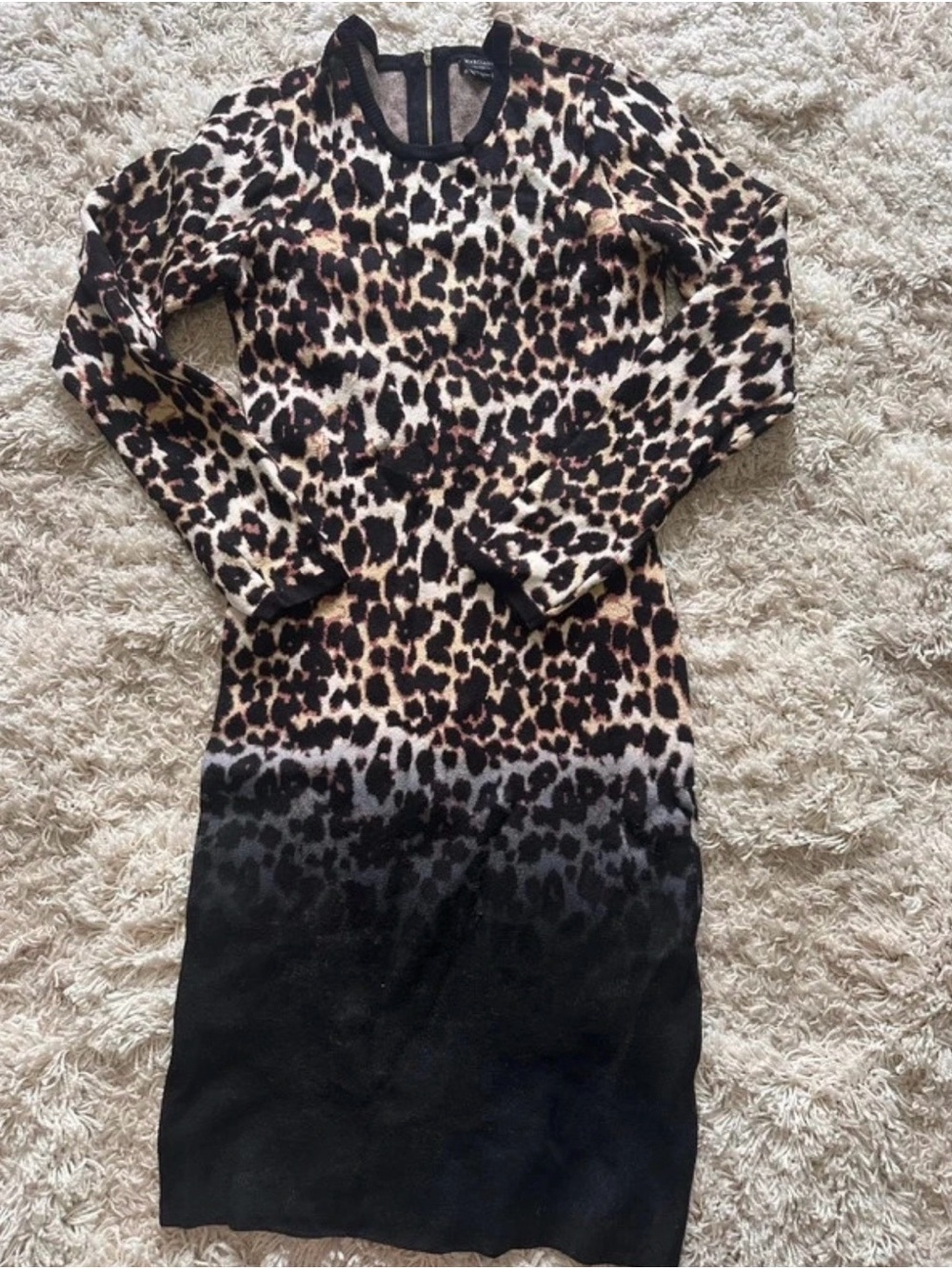 Marciano Leopard-Print Long Sleeve Knit Dress in Black and Brown